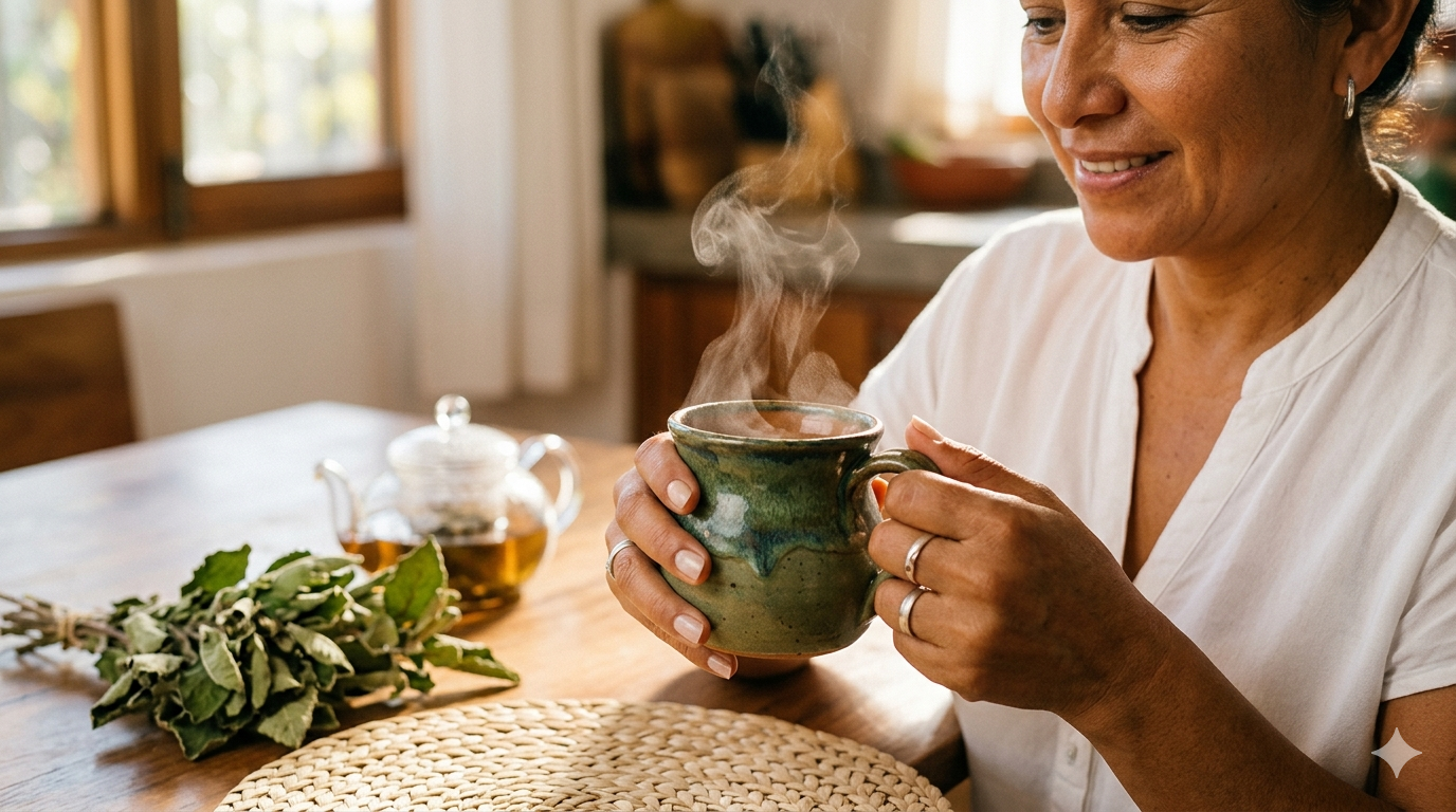 Mujer sosteniendo una taza de cerámica verde con té de boldo caliente, junto a un manojo de hojas secas sobre una mesa de madera rústica.