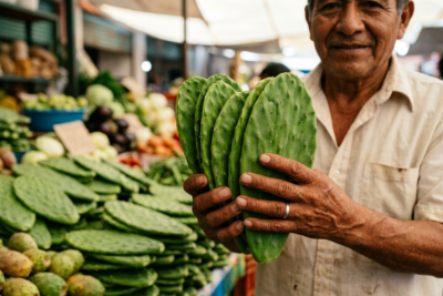 Agricultor mexicano sosteniendo pencas de nopal frescas y limpias frente a un puesto de mercado tradicional con verduras de fondo.