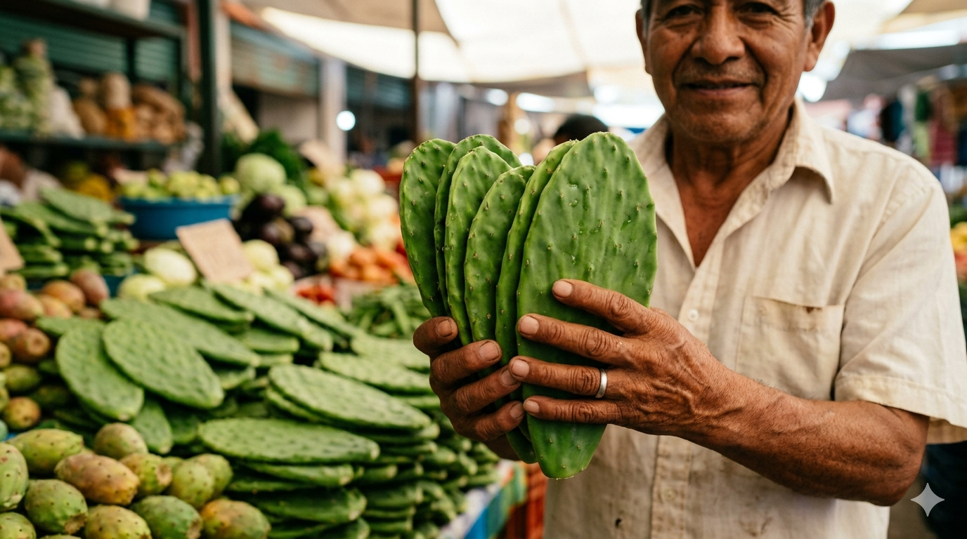 Agricultor mexicano sosteniendo pencas de nopal frescas y limpias frente a un puesto de mercado tradicional con verduras de fondo.