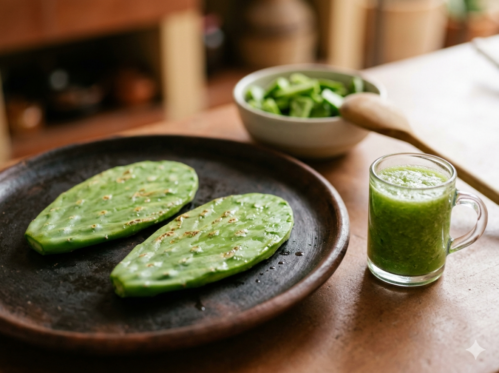 Dos pencas de nopal asándose en un comal de barro junto a un vaso de licuado verde fresco con piña y apio.